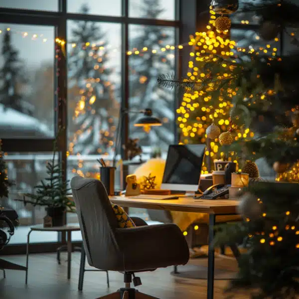 feiertagslösungen, weihnachtlich geschmücktes büro